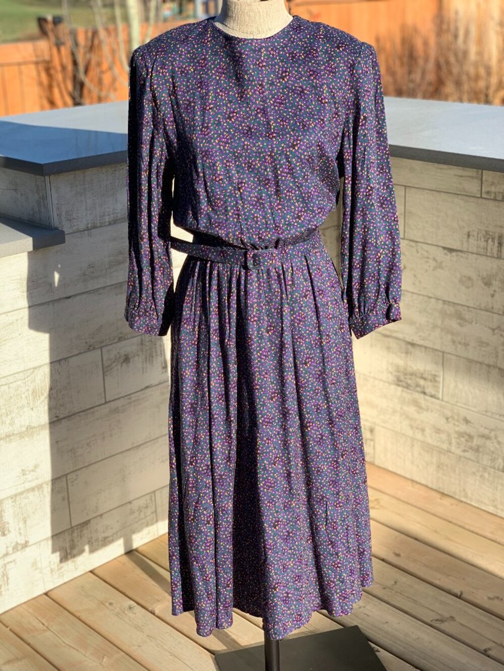 Vintage 90s Belted Midi Dress Small Purple Polka Dot Long Sleeve Modest Boho 80s